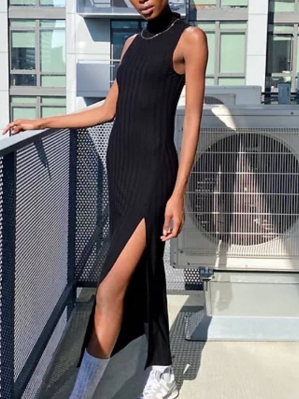 Aritzia Wilfred Free Leo Ribbed Midi Dress Black Mock Neck Leg Slit XS